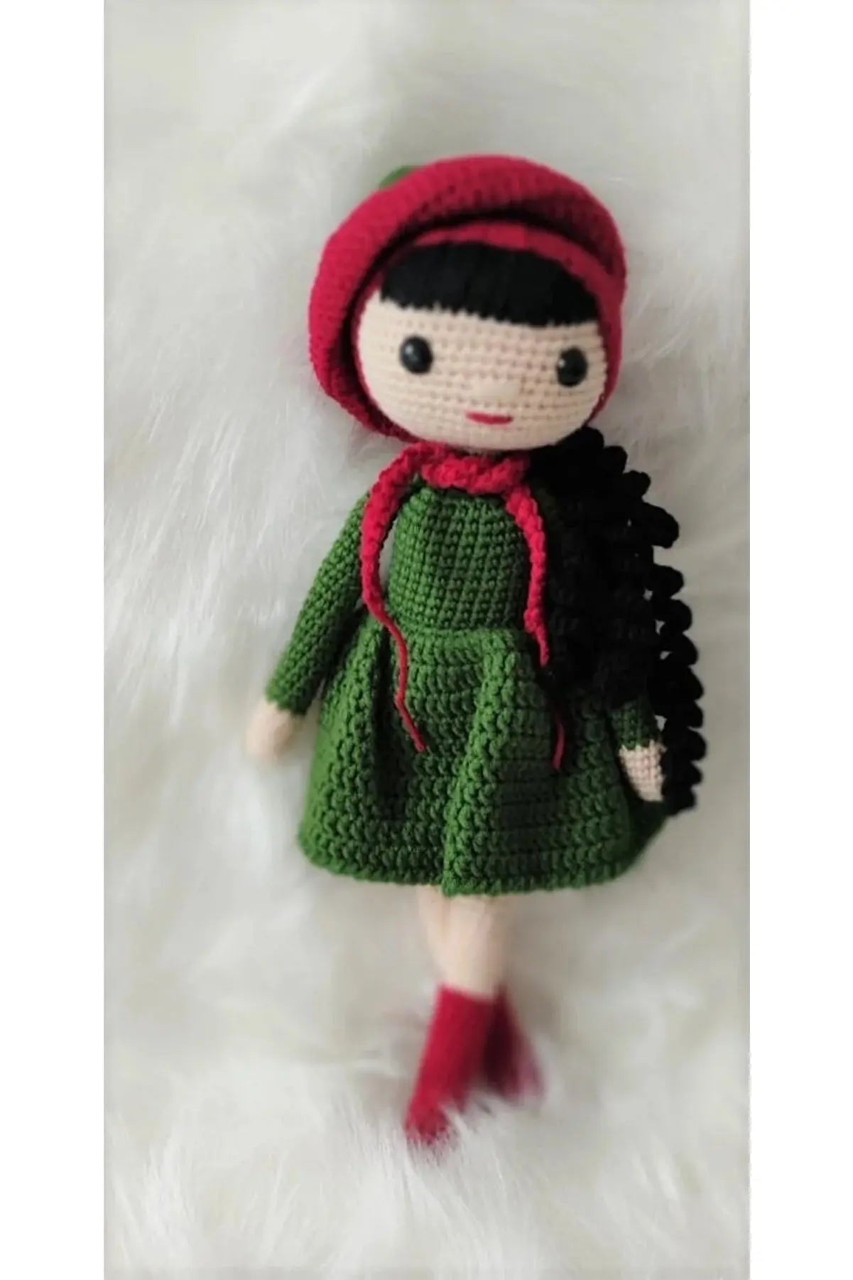 Crochet Cute Girl Doll Toy with Green Dress and Red hat - Joy Gift London