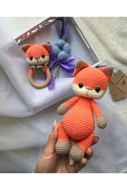 Crochet Cute Fox Toy and Rattle Toy Set 2pc