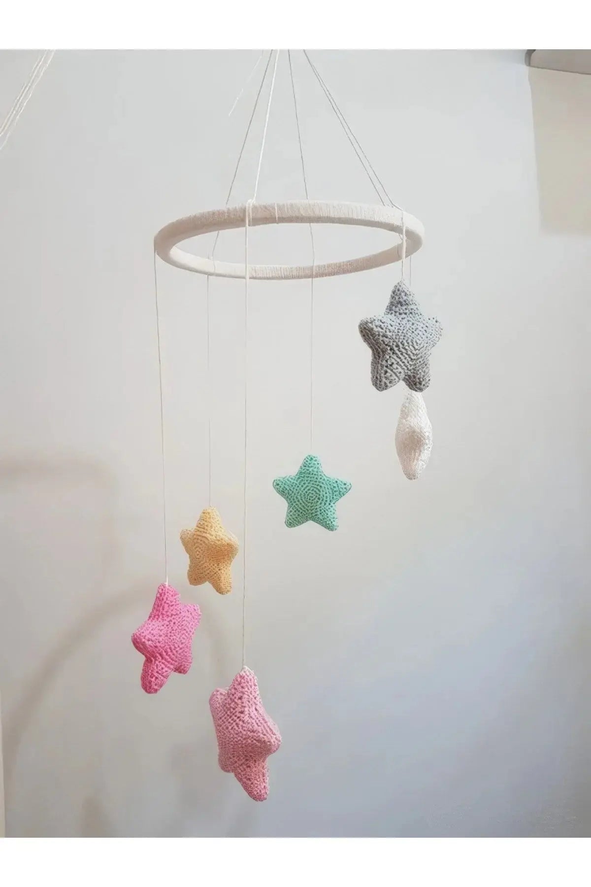 Handmade Crochet Baby Room Pendant - Wood Stars Bed Bell Mobile Toy - Joy Gift London