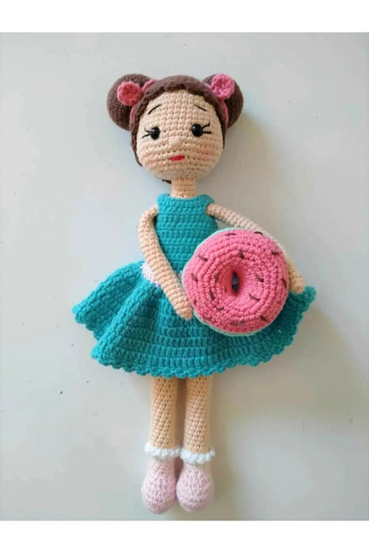 Crochet Cute Girl Doll Toy with Blue Dress and Pink Donut - Joy Gift London