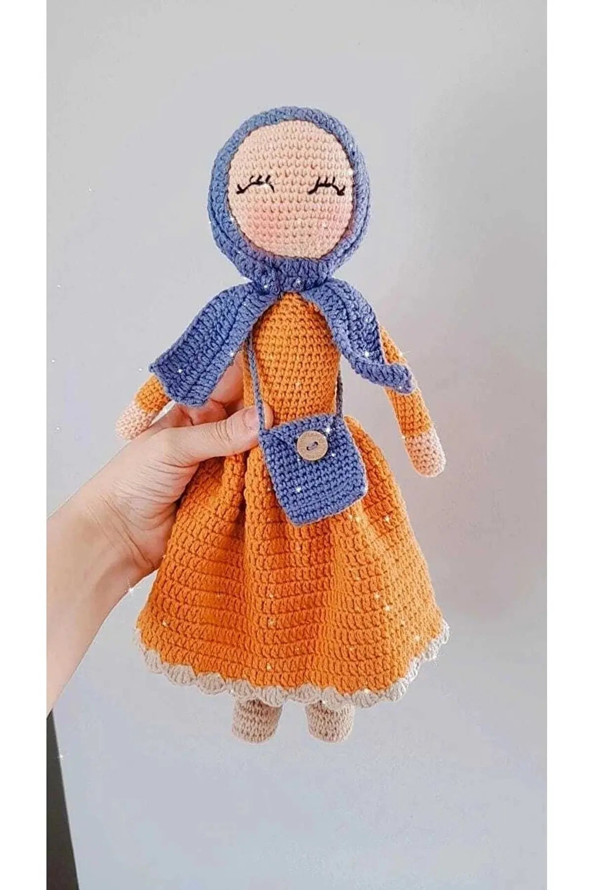 Crochet Hijab Doll with Orange Dress and Blue Hijab - Joy Gift London