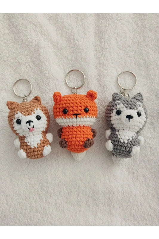 Crochet Fox, Dog, Wolf Keychain 3pc - Joy Gift London