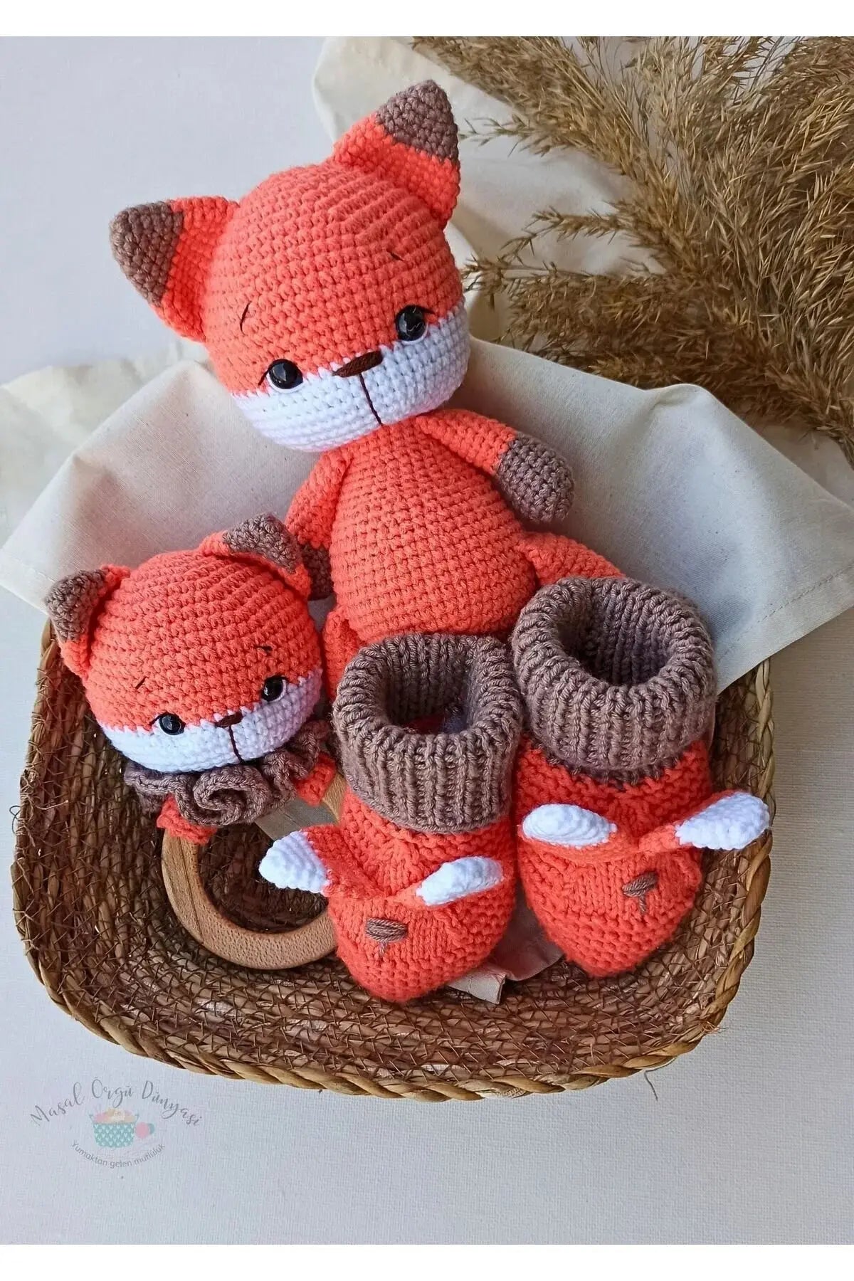 Crochet Organic Fox Newborn Toy Gift Set - 3pc | Handcrafted, Soft & Cozy, With Gift Box - Joy Gift London