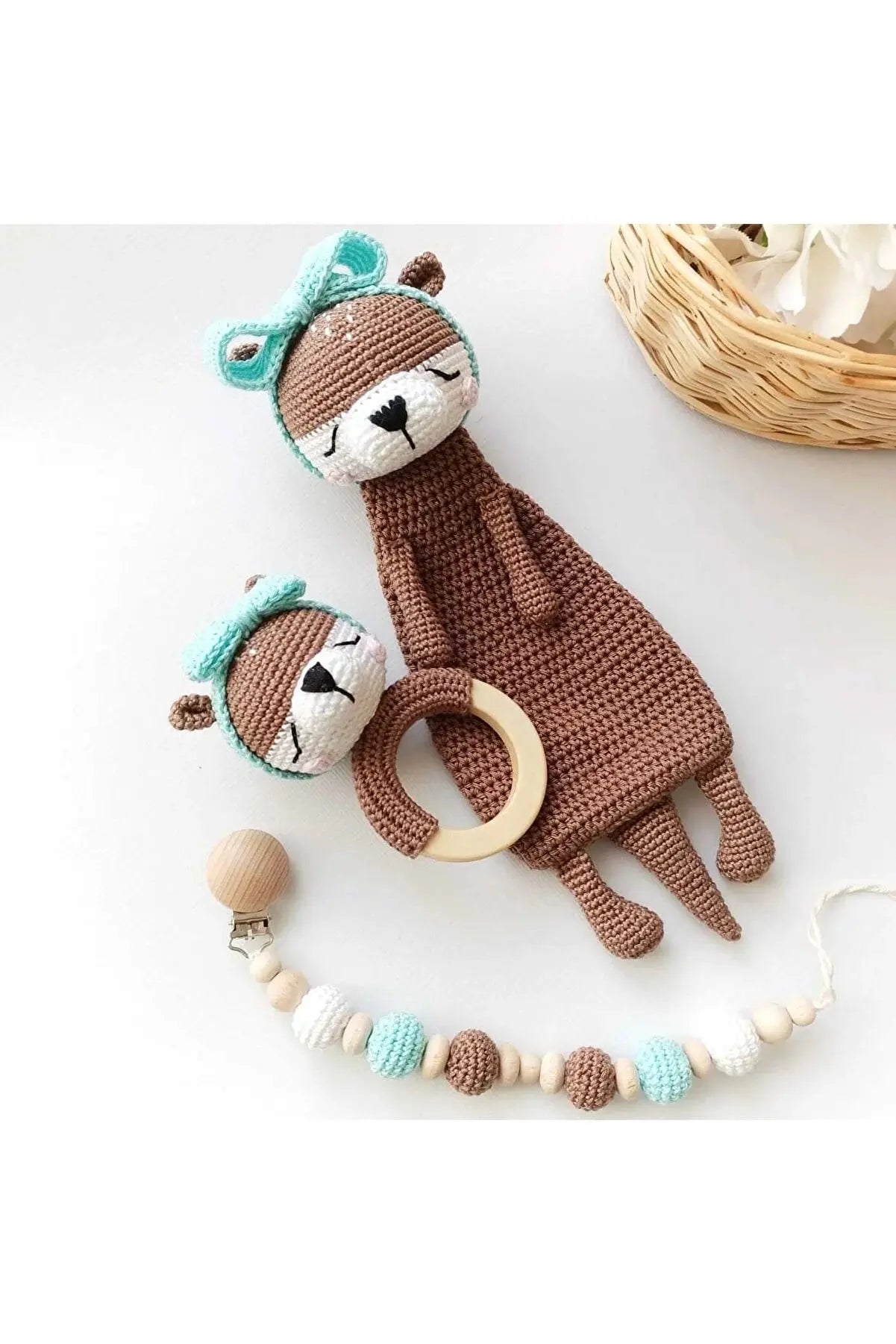 Crochet Sleeping Dog & Rattle Toy Set - 100% Organic Cotton - 3pc - Joy Gift London