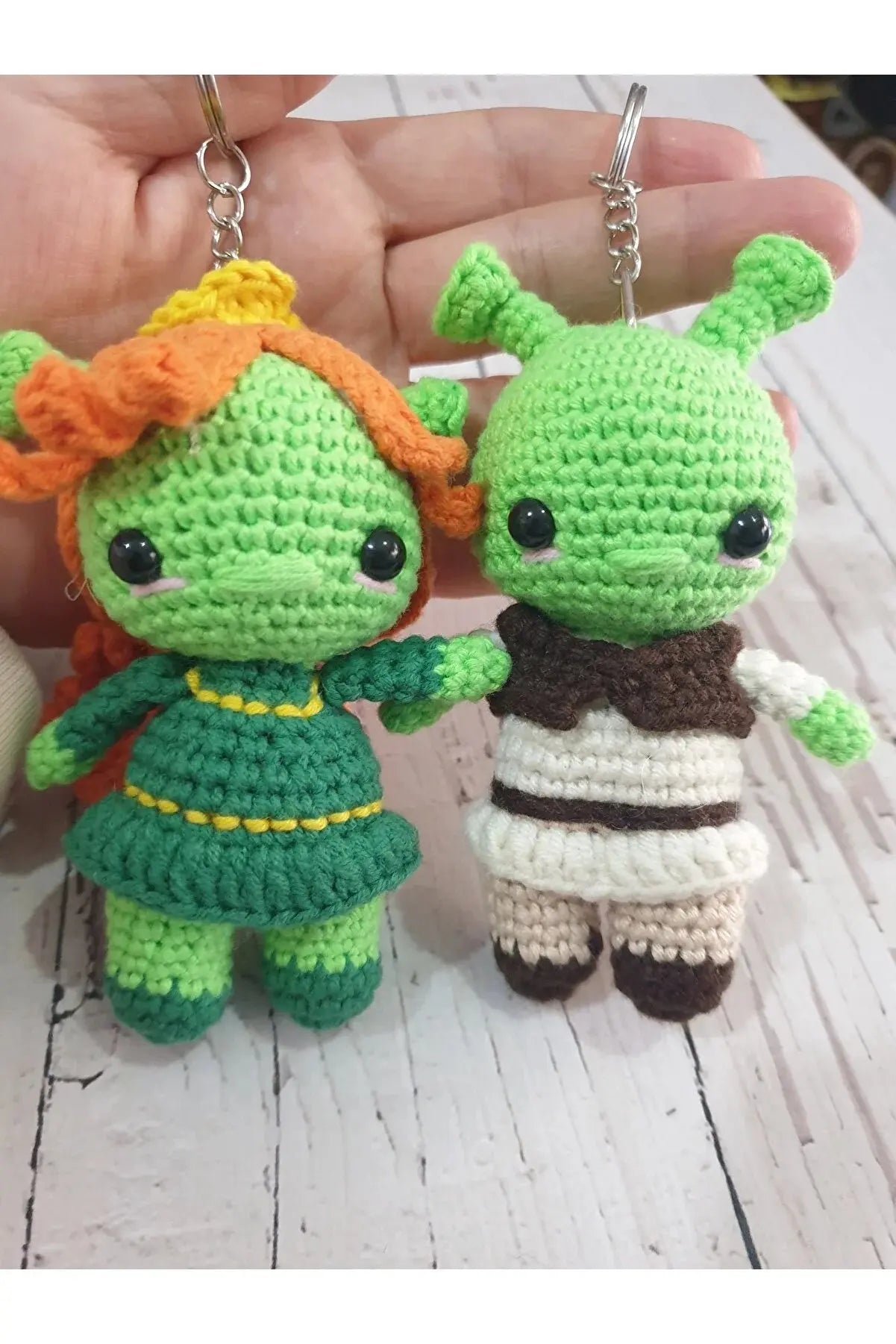 Handmade Crochet Shrek and Fiona Keychain - Joy Gift London