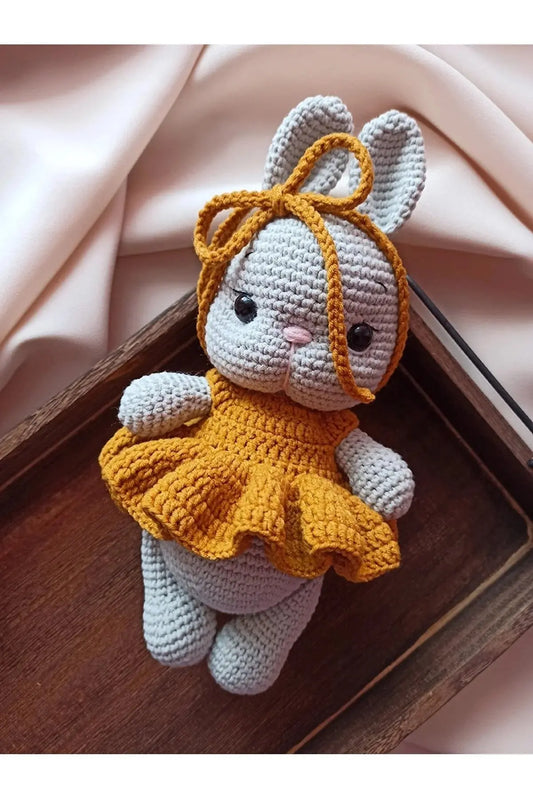 Crochet Cute Rabbit Toy in Orange Dress - Handcrafted Plush Bunny - Joy Gift London