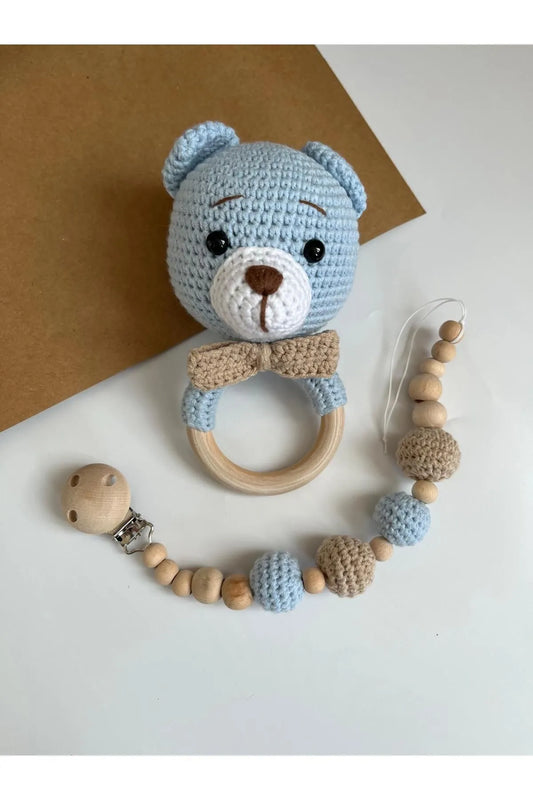 Crochet Blue Bear Rattle Toy and Dummy Clip 2pc