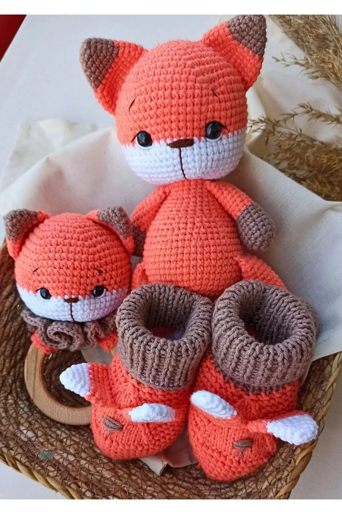 Crochet Organic Fox Newborn Toy Gift Set - 3pc | Handcrafted, Soft & Cozy, With Gift Box - Joy Gift London