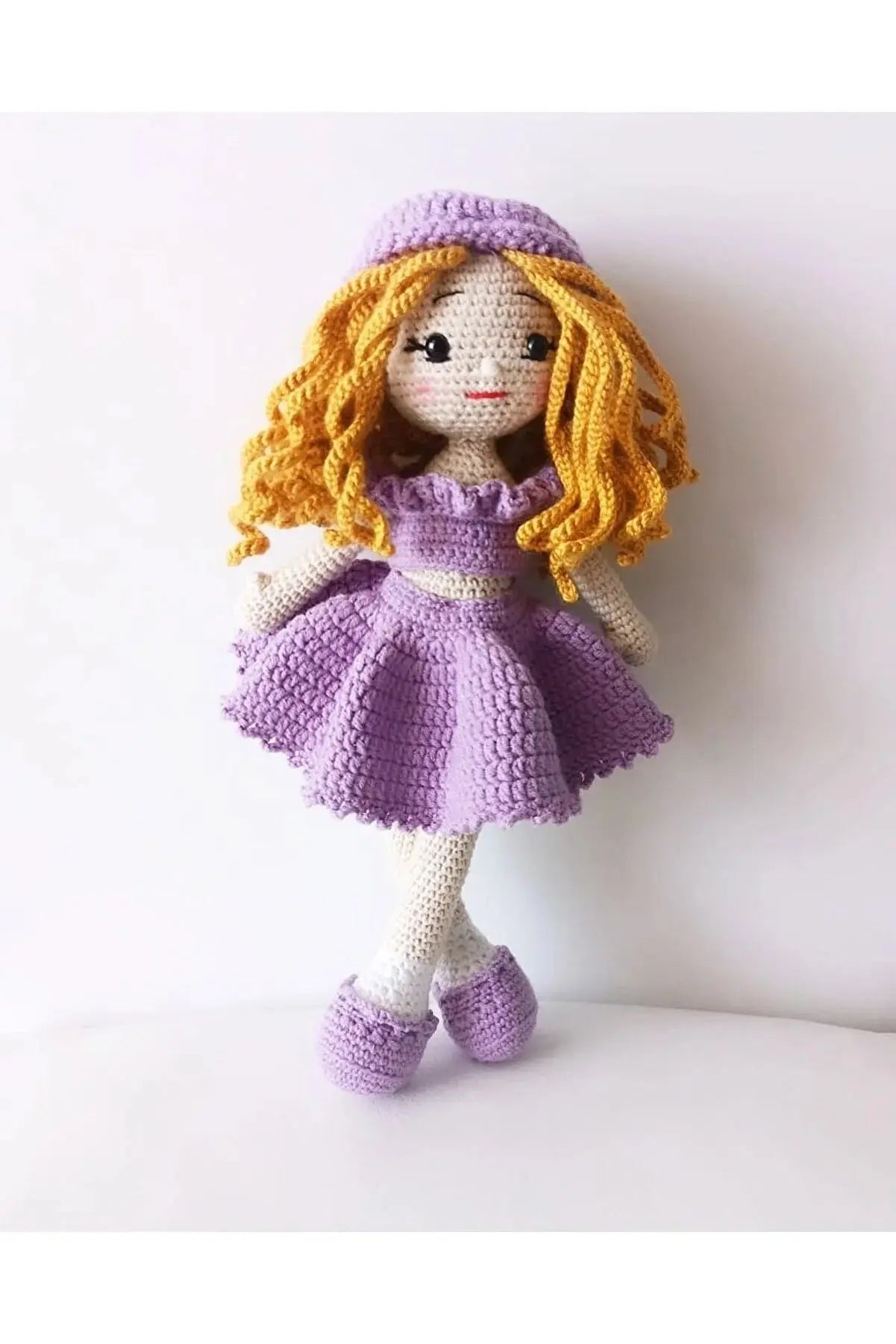 Crochet Cute Blonde Curly Girl in Purple Dress Doll - Joy Gift London