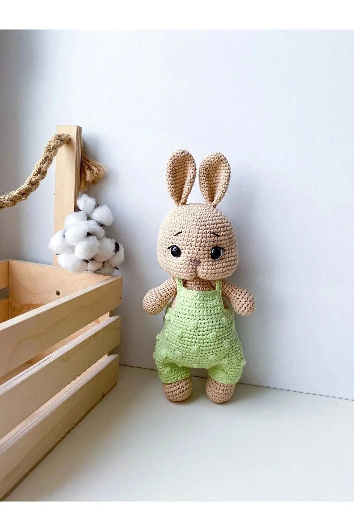 Crochet Rabbit Toy in Green Jumpsuit - Adorable and Handcrafted - Joy Gift London