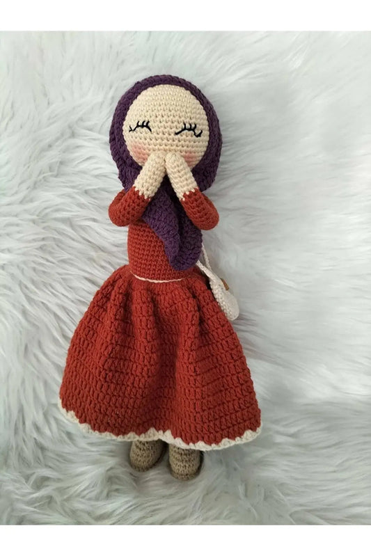 Crochet Hijab Doll with Orange Dress and Brown Hijab - Joy Gift London