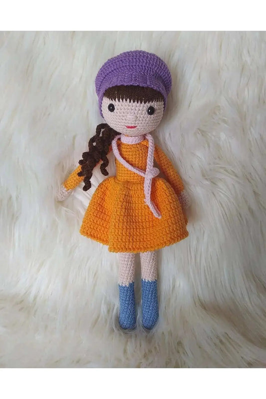 Crochet Cute Girl Doll Toy with Orange Dress and Purple hat - Joy Gift London