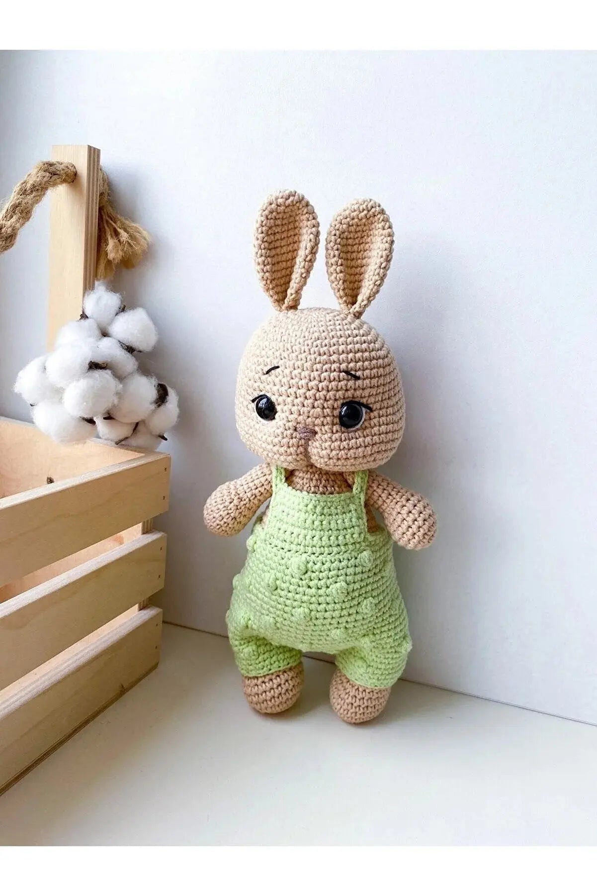 Crochet Rabbit Toy in Green Jumpsuit - Adorable and Handcrafted - Joy Gift London