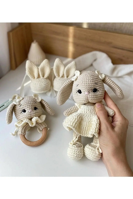 Crochet Newborn Gift Toy Set Long Ear Rabbit 3pc - Joy Gift London