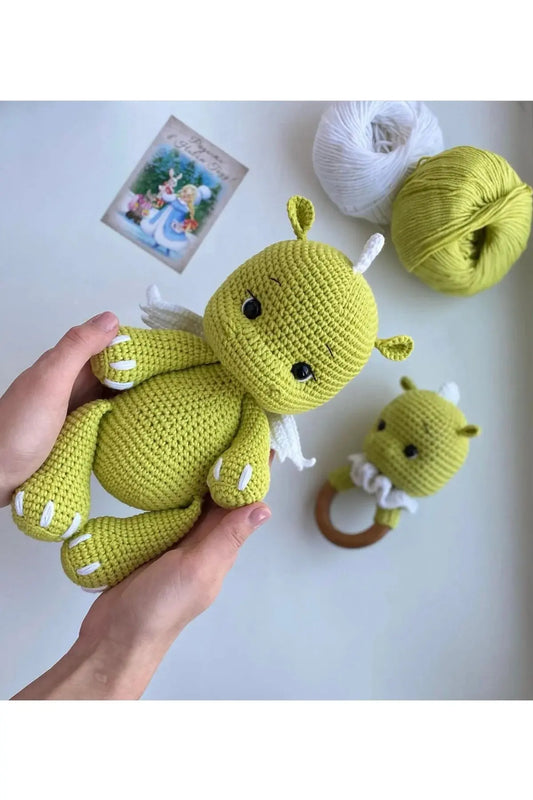 Crochet Green Cute Dino Toy and Rattle Toy Set 2pc - Joy Gift London