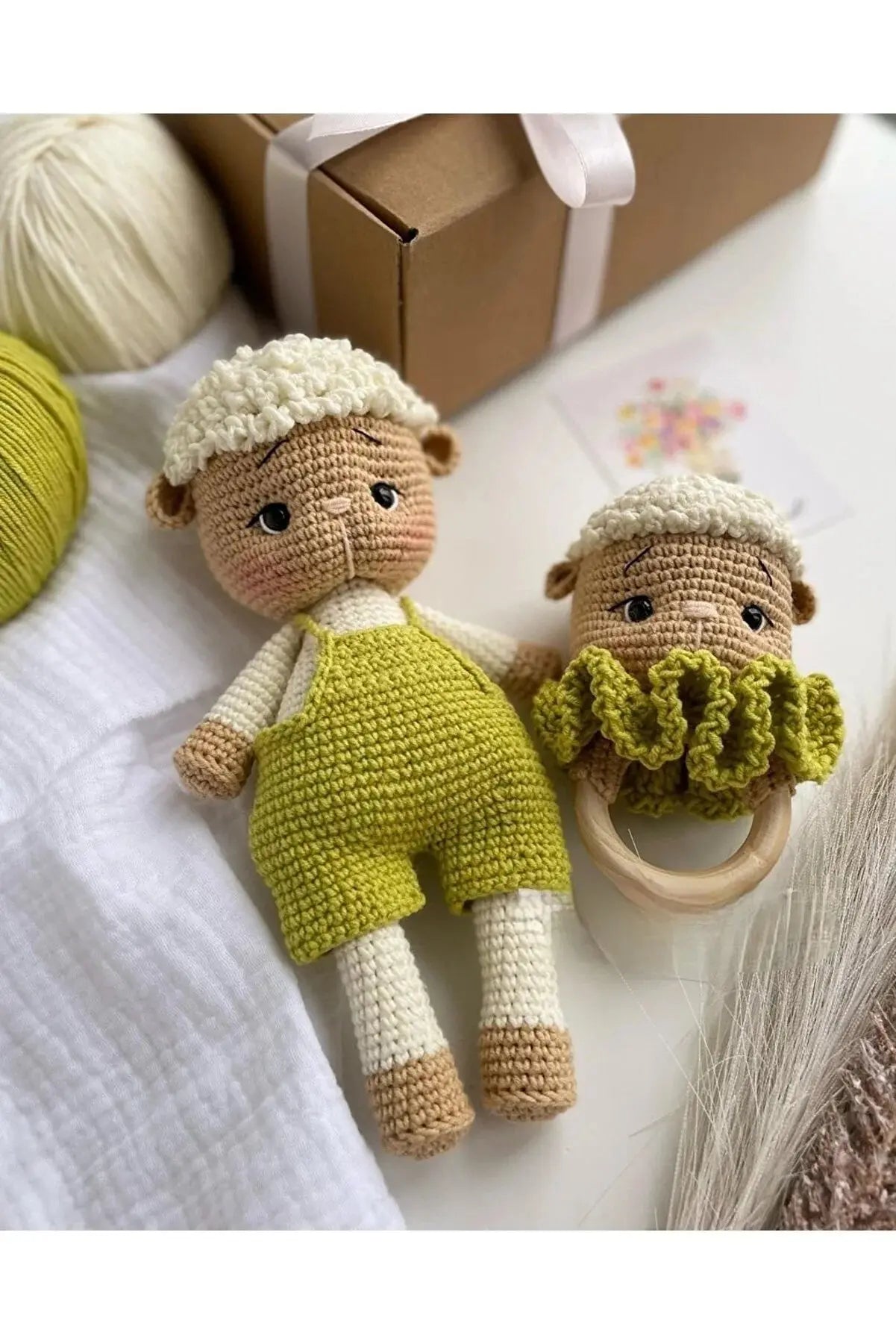 Crochet Cute Sheep Girl Toy Set - 2pc Organic Cotton Newborn Rattle & Gift Box - Joy Gift London