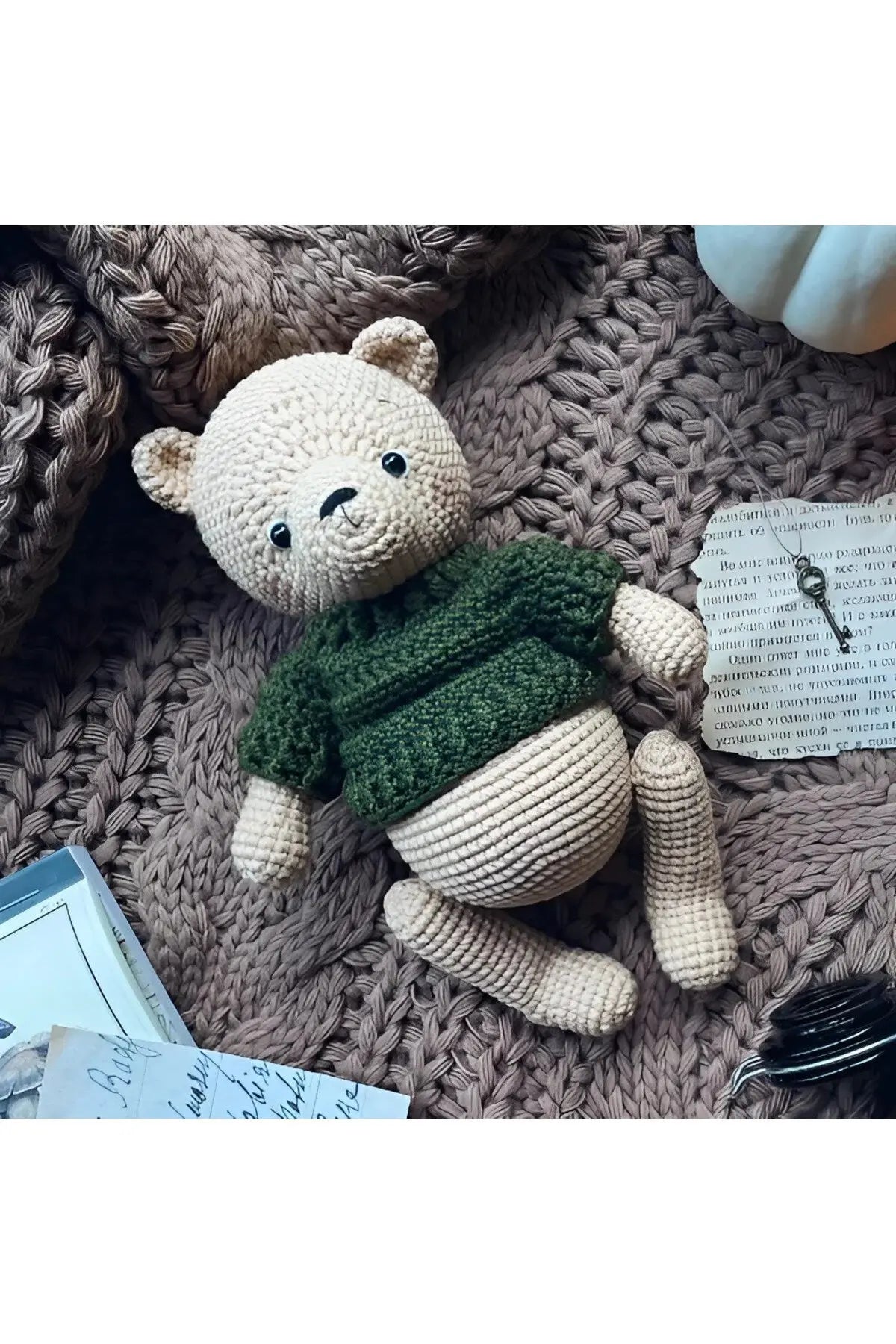 Crochet Teddy Bear - Green Jumpsuit - Handmade Stuffed Animal - Joy Gift London