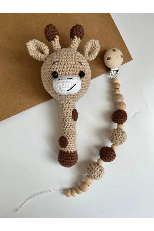 Crochet Giraffe Rattle Toy and Dummy Clip 2pc