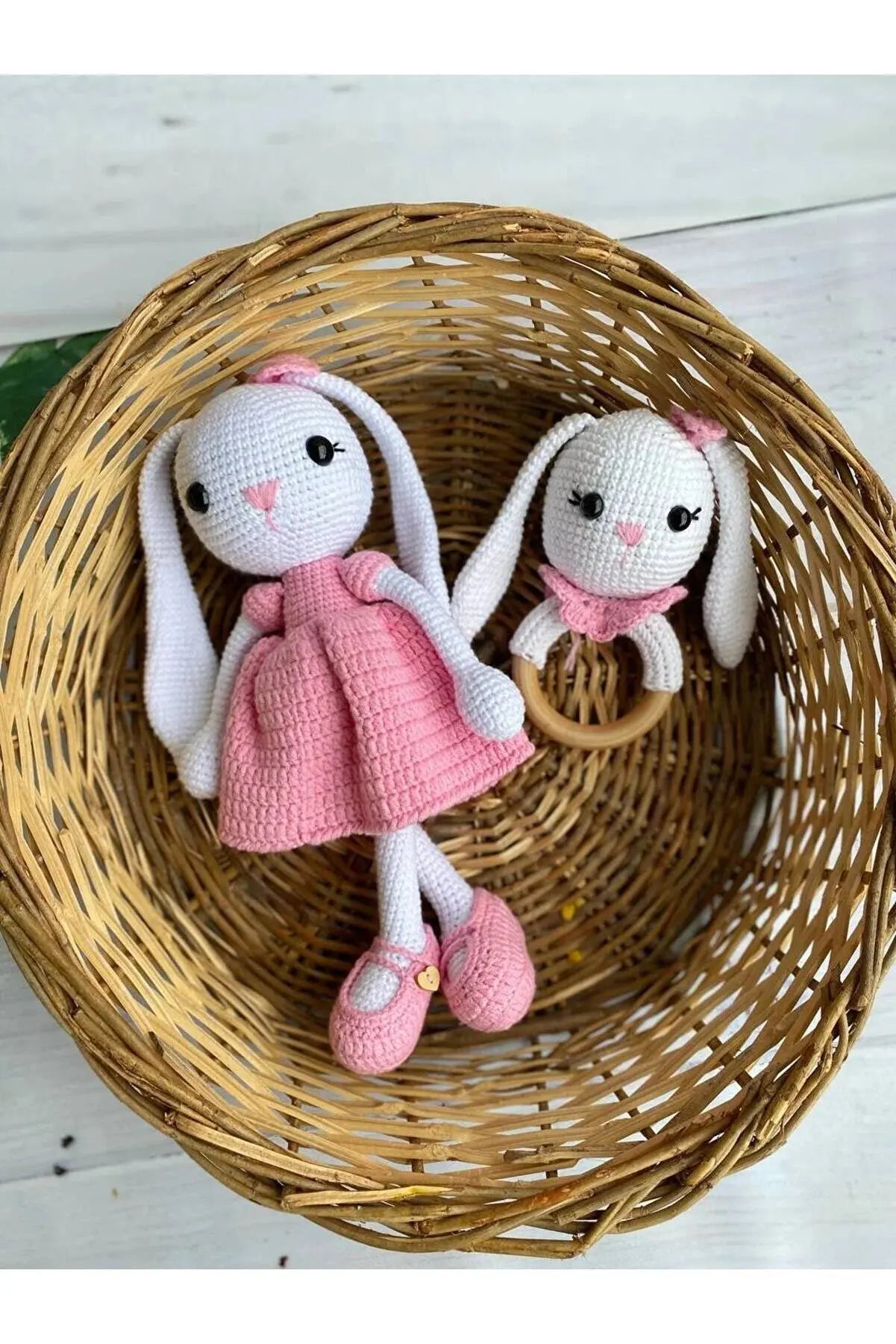 Crochet Pink Dress Rabbit and Rattle Toy Set 2pc - Joy Gift London