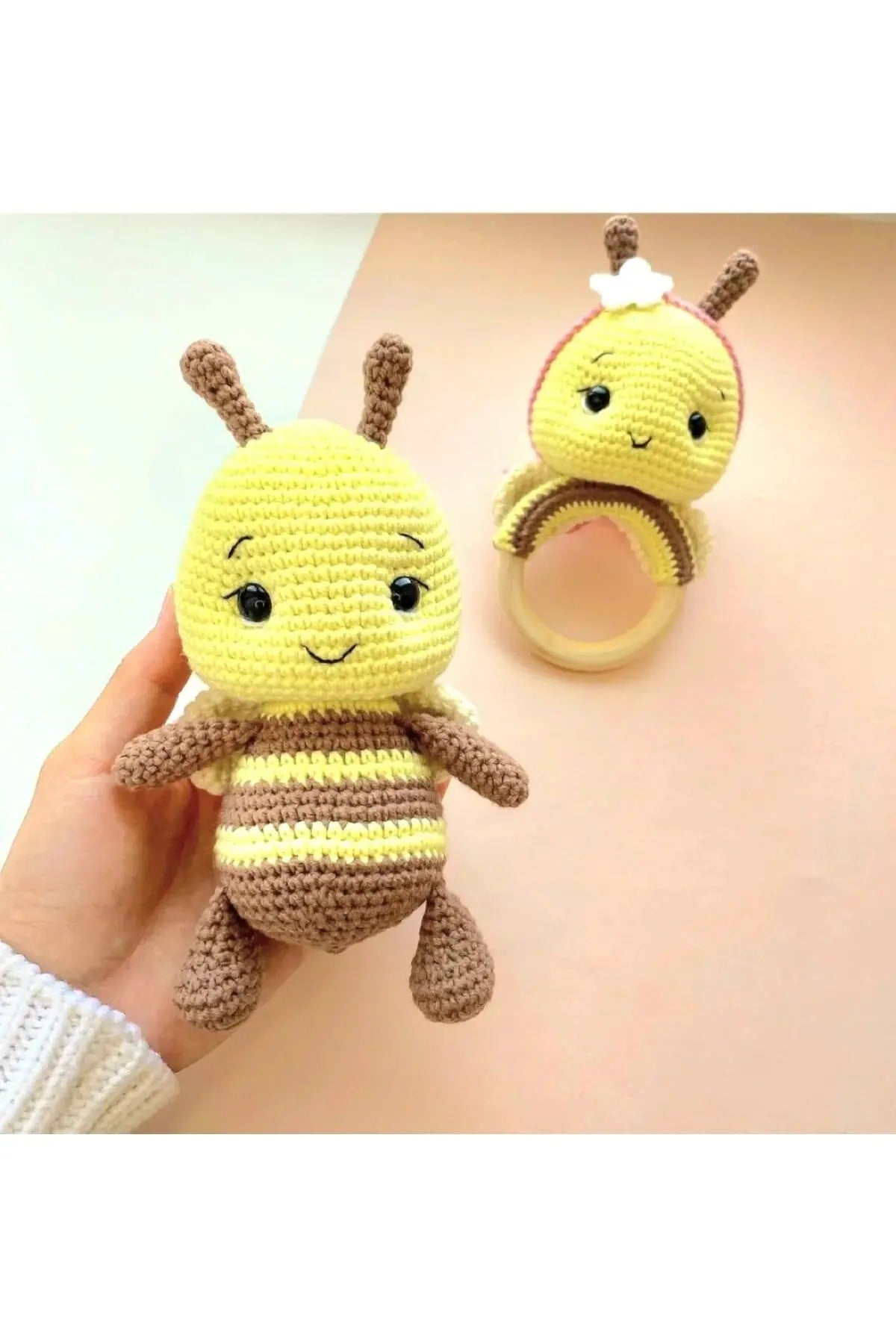 Crochet Little Cute Bee Toy and Rattle Toy Set 2pc - Joy Gift London