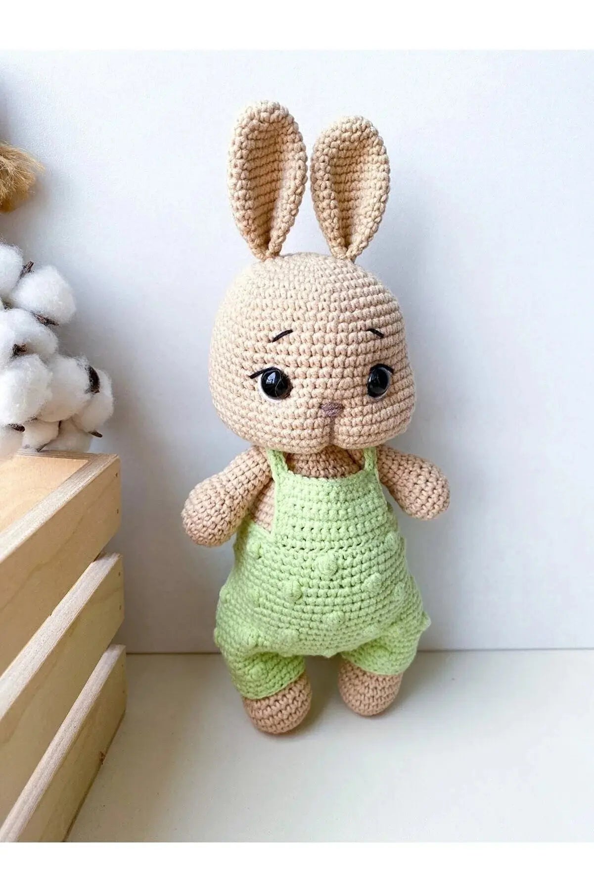 Crochet Rabbit Toy in Green Jumpsuit - Adorable and Handcrafted - Joy Gift London