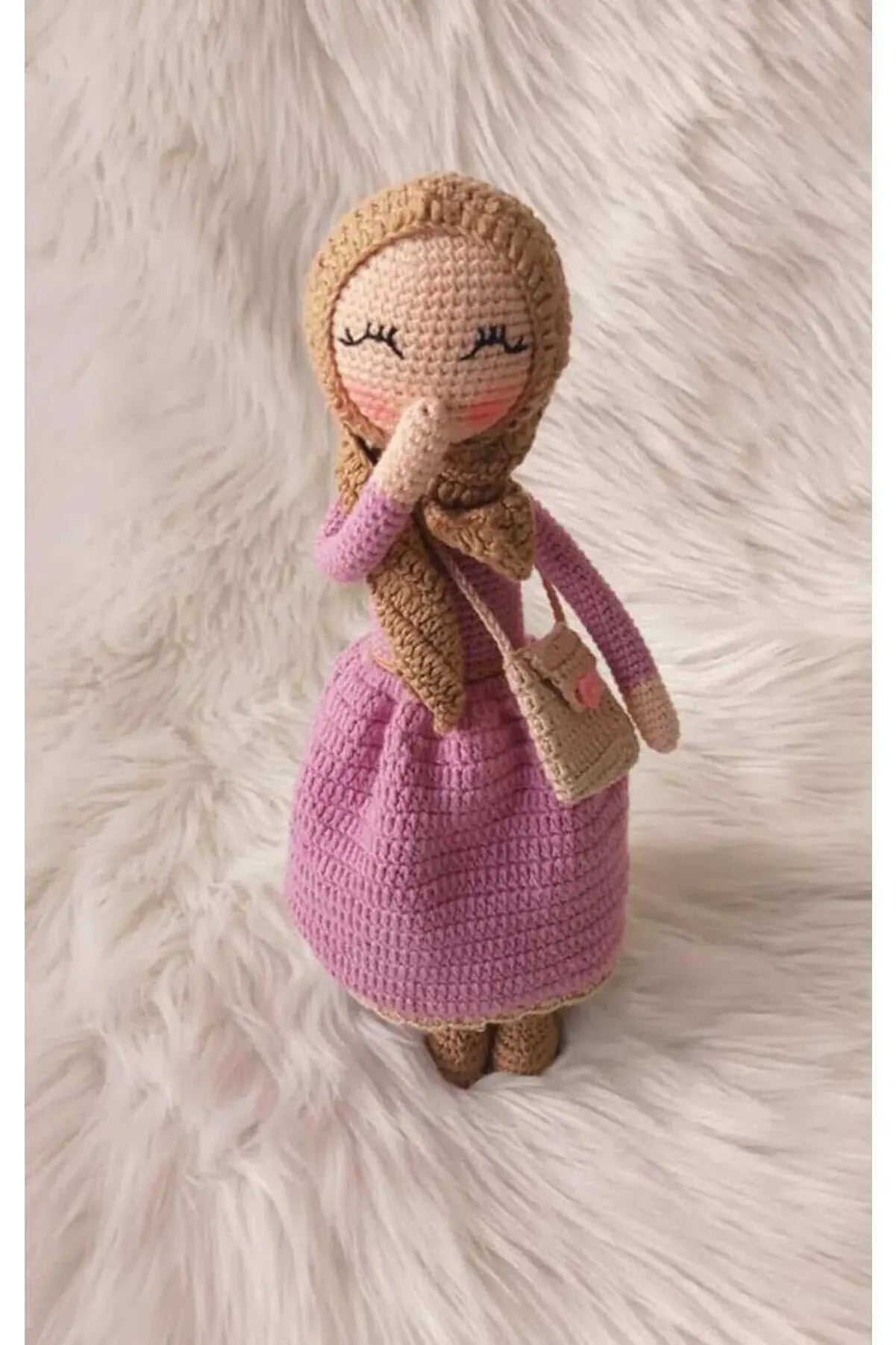 Crochet Hijab Doll with Pink Dress and Brown Hijab - Joy Gift London