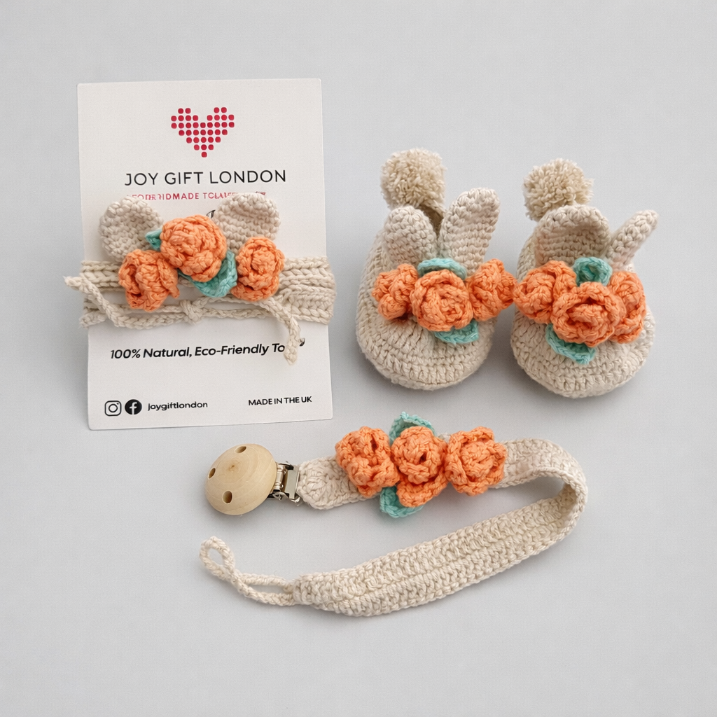 Baby Shower Gift Box – Handmade Crochet Booties, Dummy Clip & Headband Set (Luxury Newborn Gift) Rabbit Ear, Orange Roses
