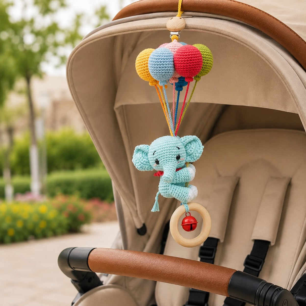 Crochet Safari Animals Car Seat Toy – Fox, Elephant, Monkey, Giraffe & Panda Hanging Rattle