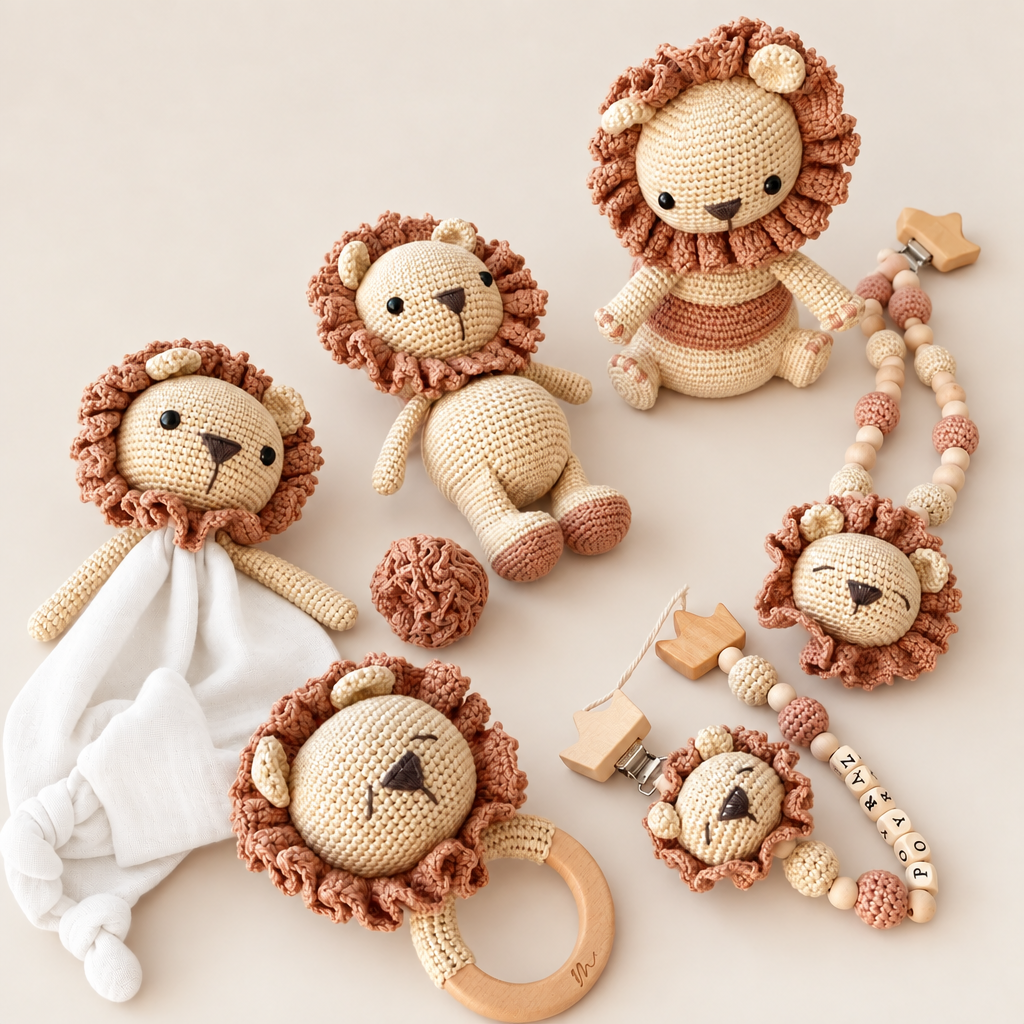 Handmade Crochet Newborn Sleeping Lion Gift Set (6pc)  Baby Shower Gift