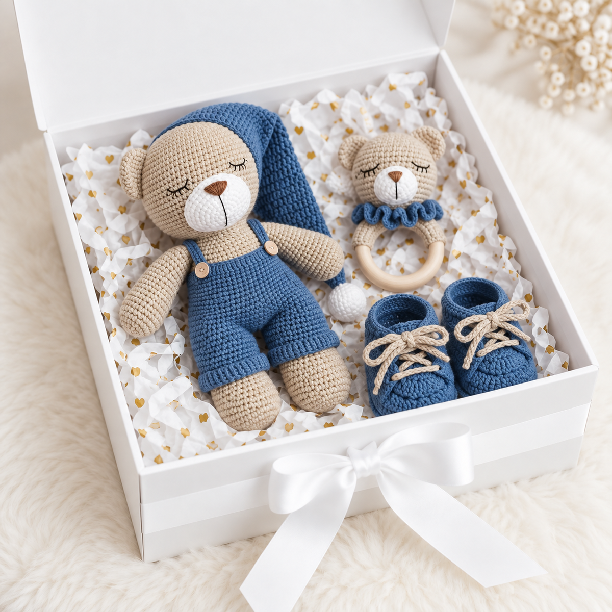 Handmade Crochet Newborn Sleeping Teddy Bear Gift Set (3pc) – Baby Shower Gift