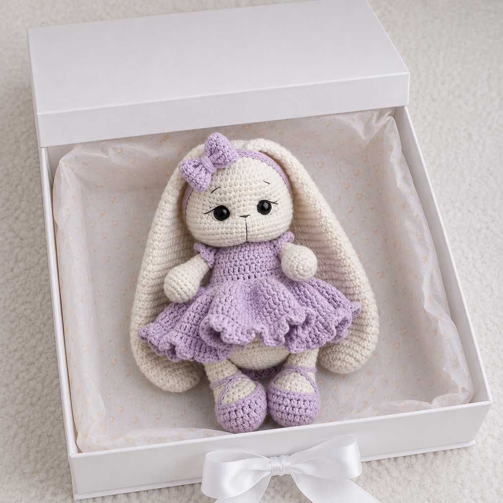 Handmade Crochet Bunny Toy in Purple Dress
