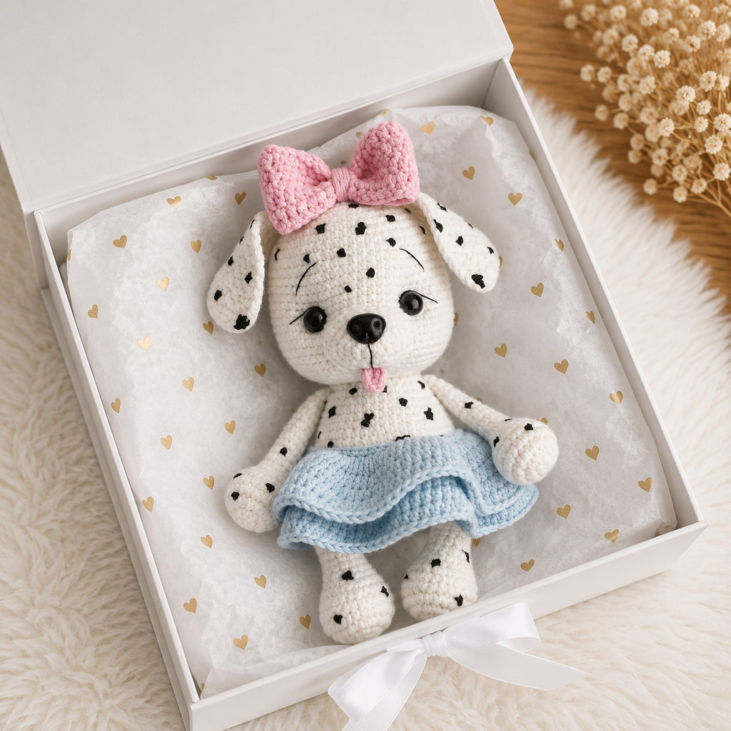 Handmade Crochet Dalmatian Dog Toy in Blue Skirt