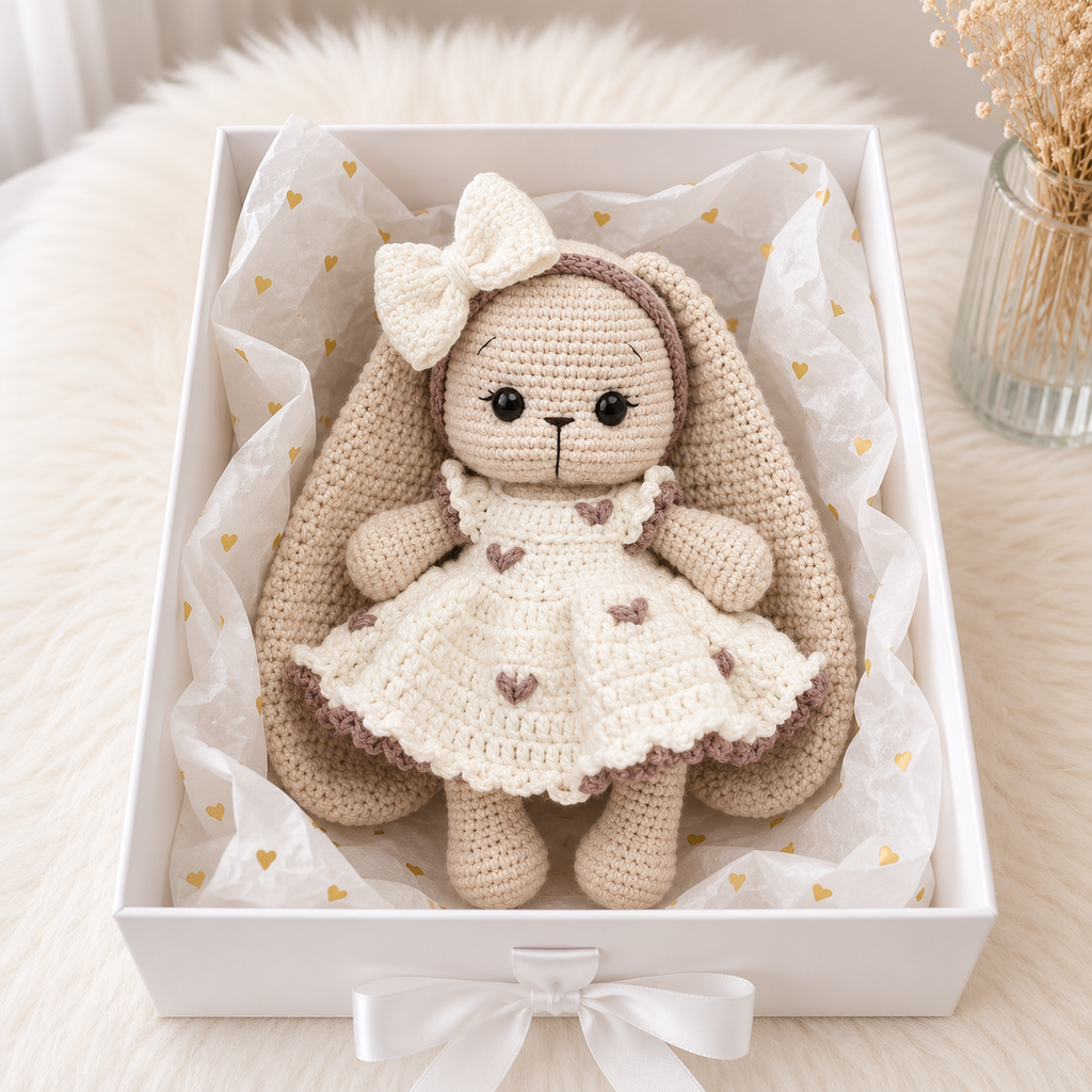 Handmade Crochet Long Ear Bunny Toy in Cream Dress