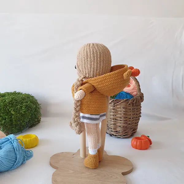 Crochet Blonde Girl Doll in Brown Hoodie - 30cm - Joy Gift London