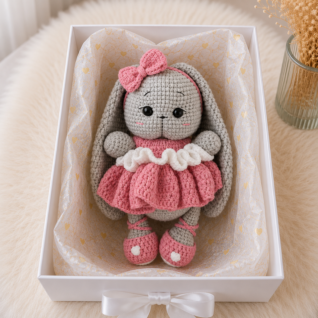Handmade Crochet Long Ear Bunny Toy in Grey