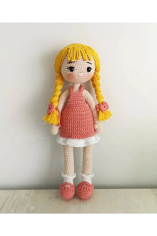 Crochet Cute Blonde Girl in Light Pink Dress Doll - Joy Gift London