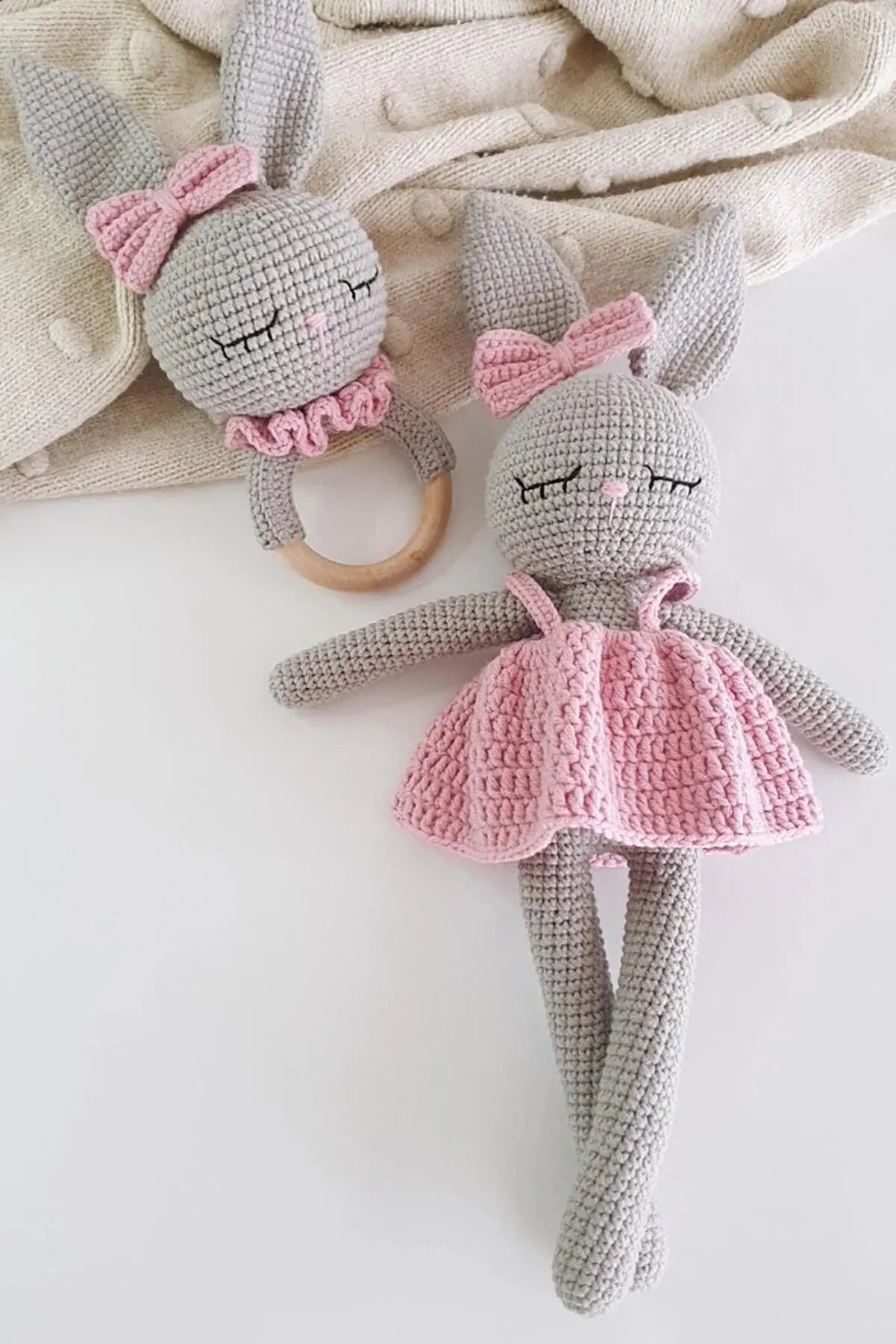 Crochet Sleeping Mate Gray Rabbit in Pink Dress and Rattle Toy Set 2pc - Joy Gift London