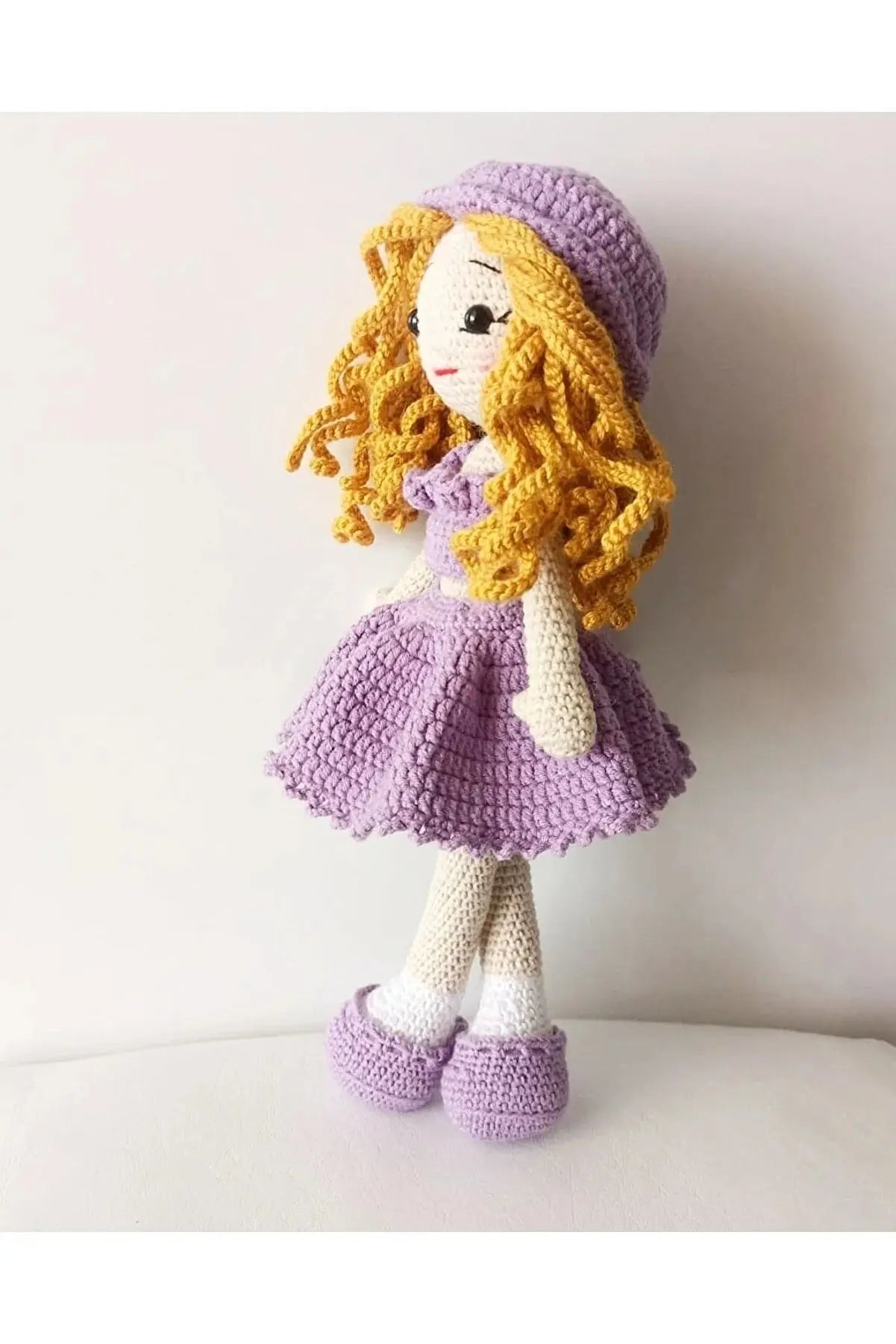 Crochet Cute Blonde Curly Girl in Purple Dress Doll - Joy Gift London