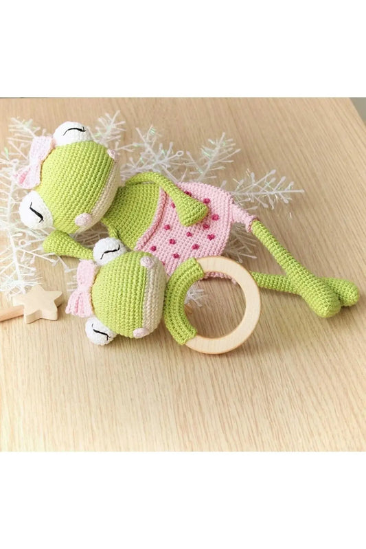 Crochet Organic Frog Girl and Rattle Toy Set - 2pc - Joy Gift London