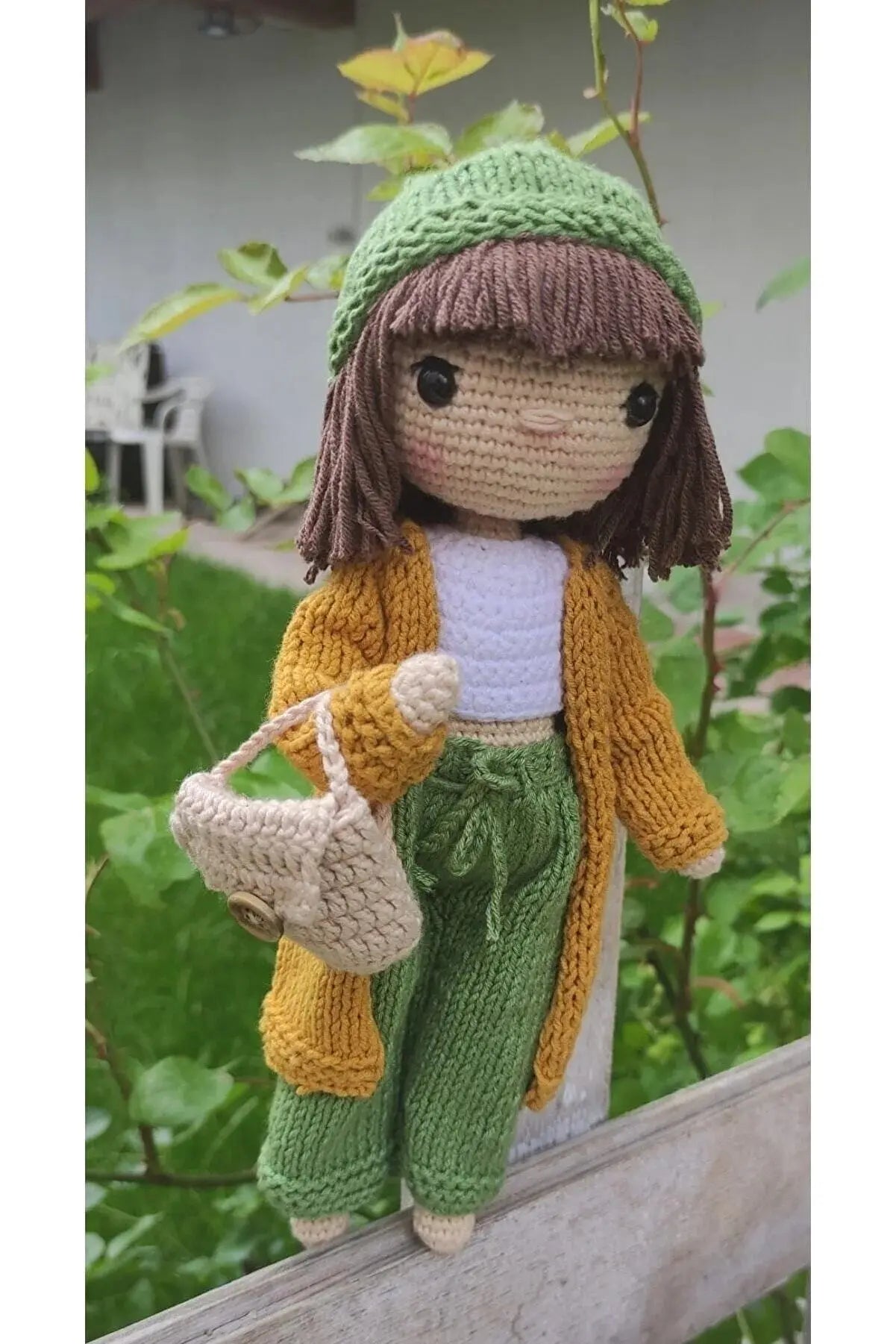 Crochet Little Girl Toy in Green trousers and yellow Sweater - Joy Gift London