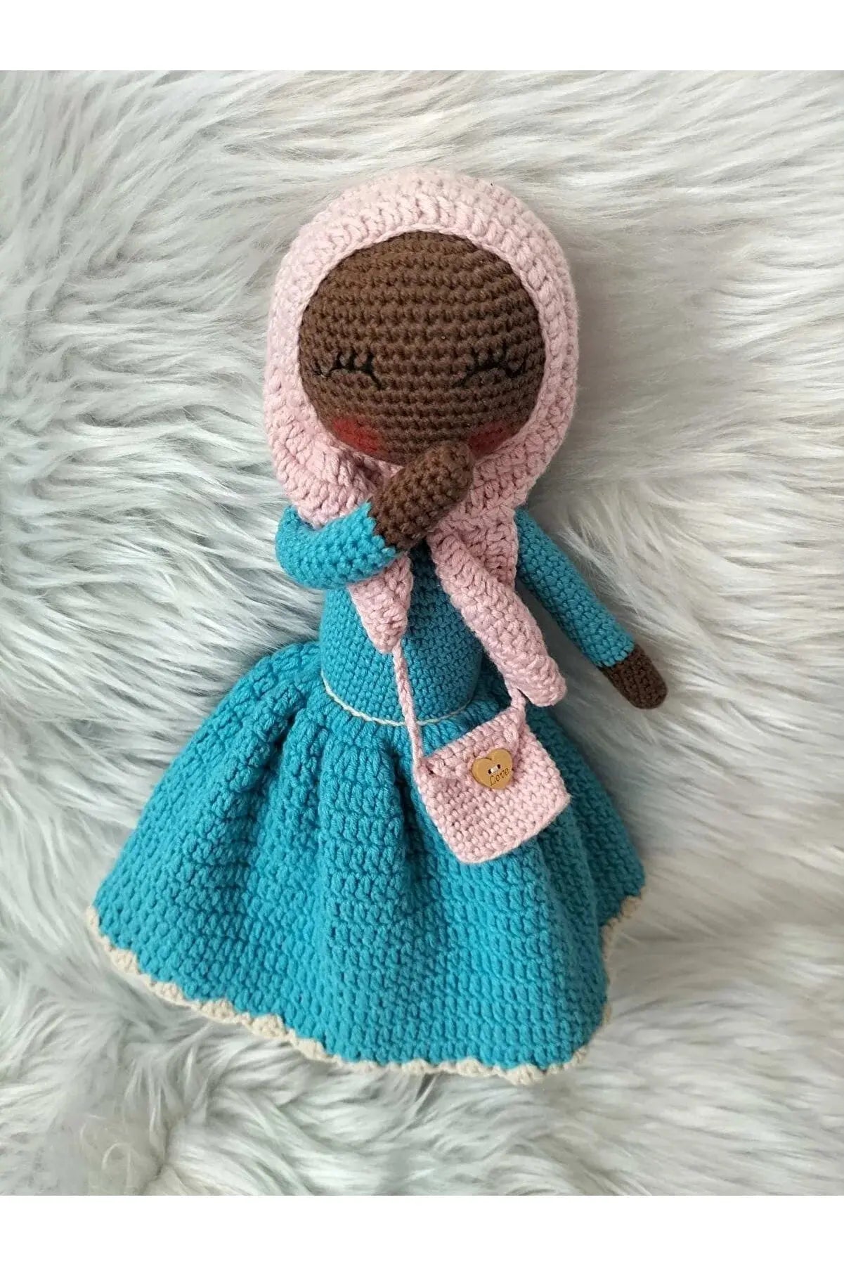 Crochet Hijab Doll with Blue Dress and Pink Hijab - Joy Gift London