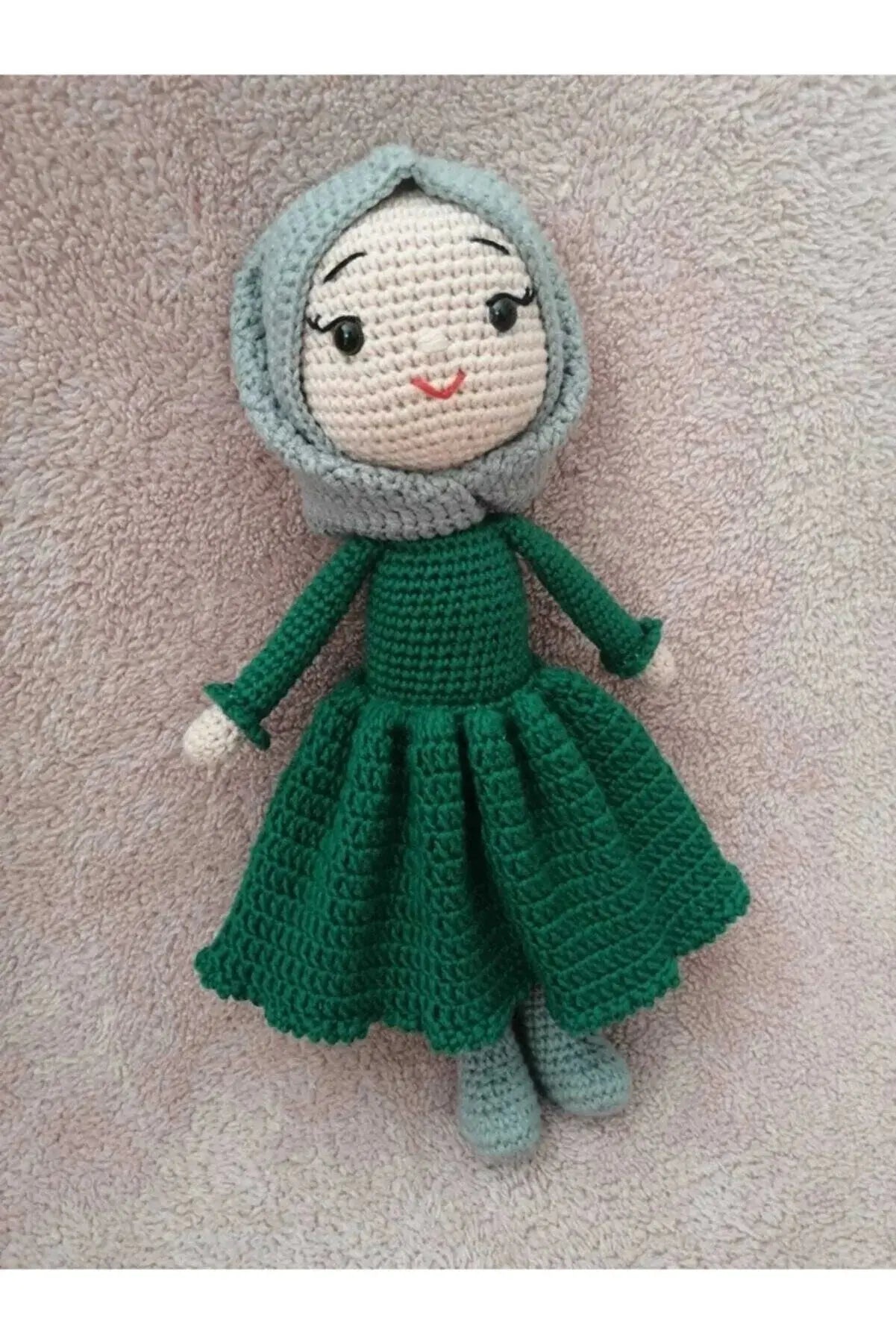 Crochet Hijab Doll with Green Dress and Grey Hijab - Joy Gift London