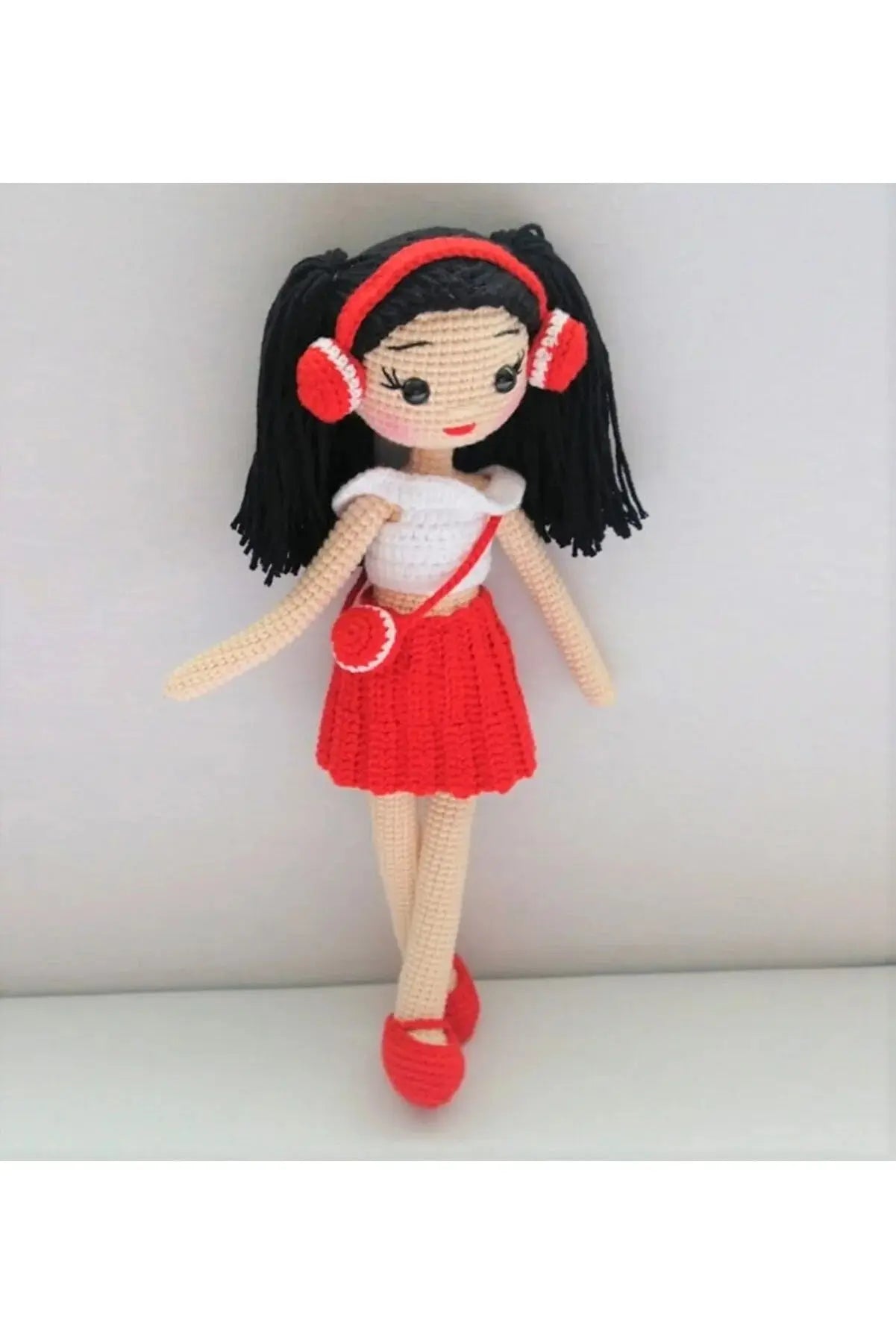 Crochet Little Girl Toy in Red Skirt Listening to music - Joy Gift London