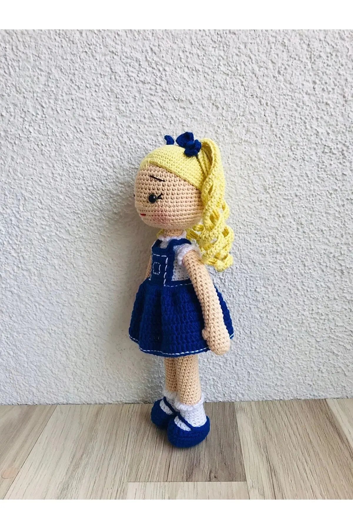 Crochet Cute Blonde Girl in Blue Dress Doll - Joy Gift London