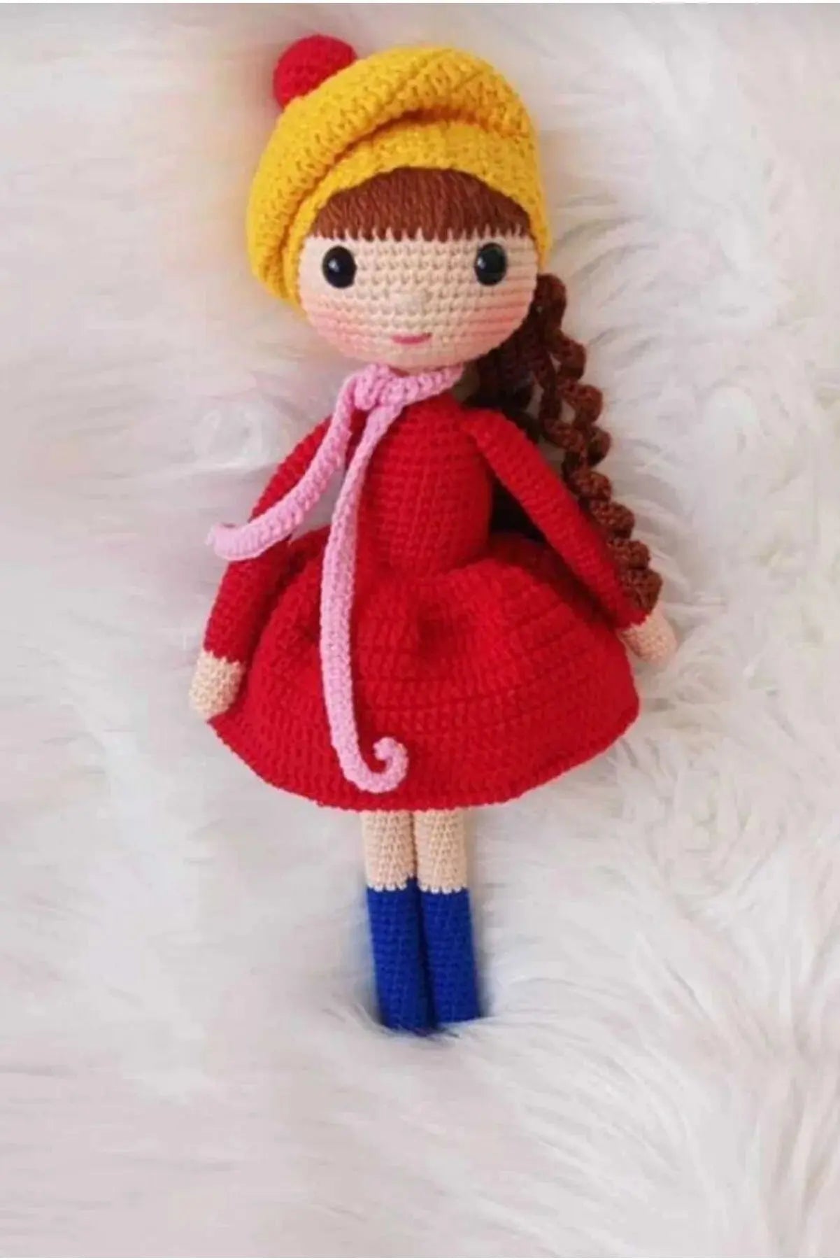 Crochet Cute Girl Doll Toy with Red Dress and Yellow hat - Joy Gift London