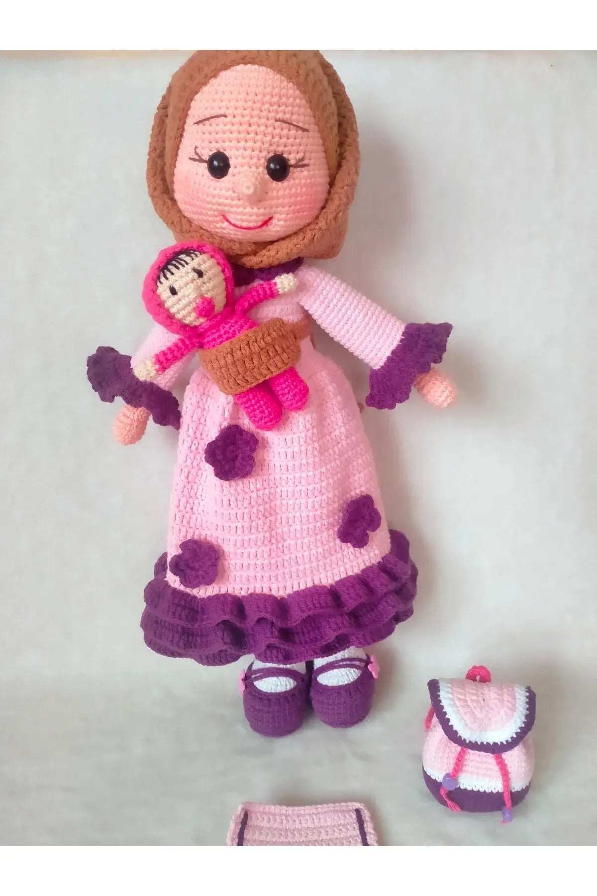 Crochet Mother Hijab Doll with Infant - Pink-Purple Dress with Brown Hijab and Prayer rug TrendyToy