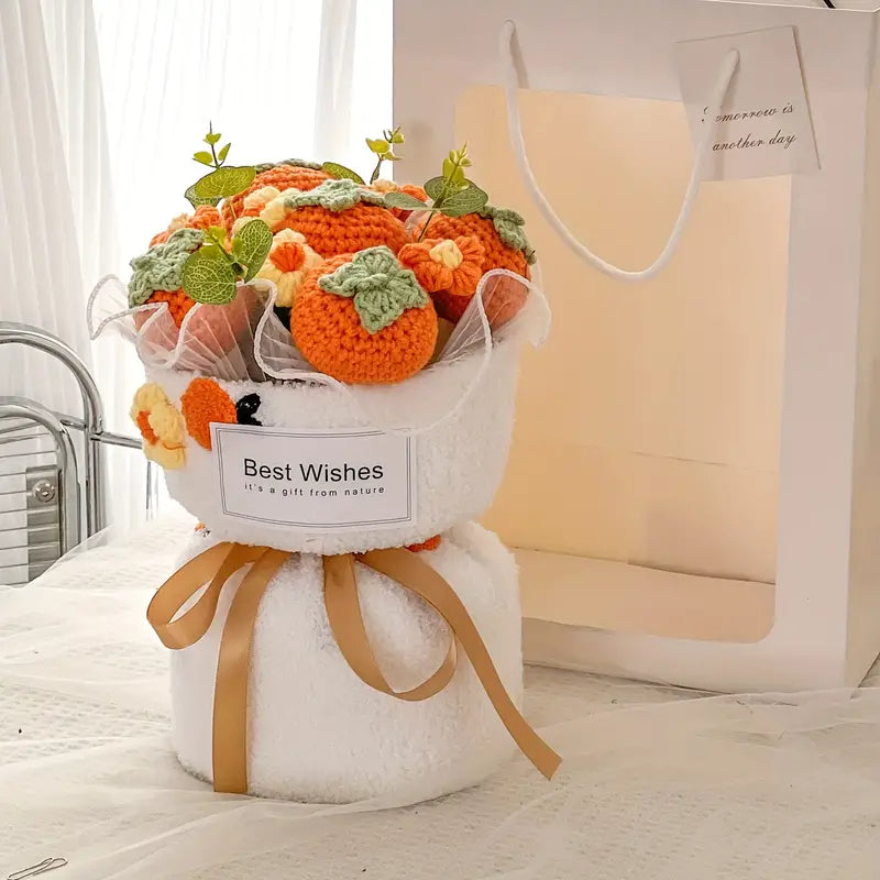 Handmade Crocheted Best Wishes Bouquet, Sunflower, Orange, Strawberry