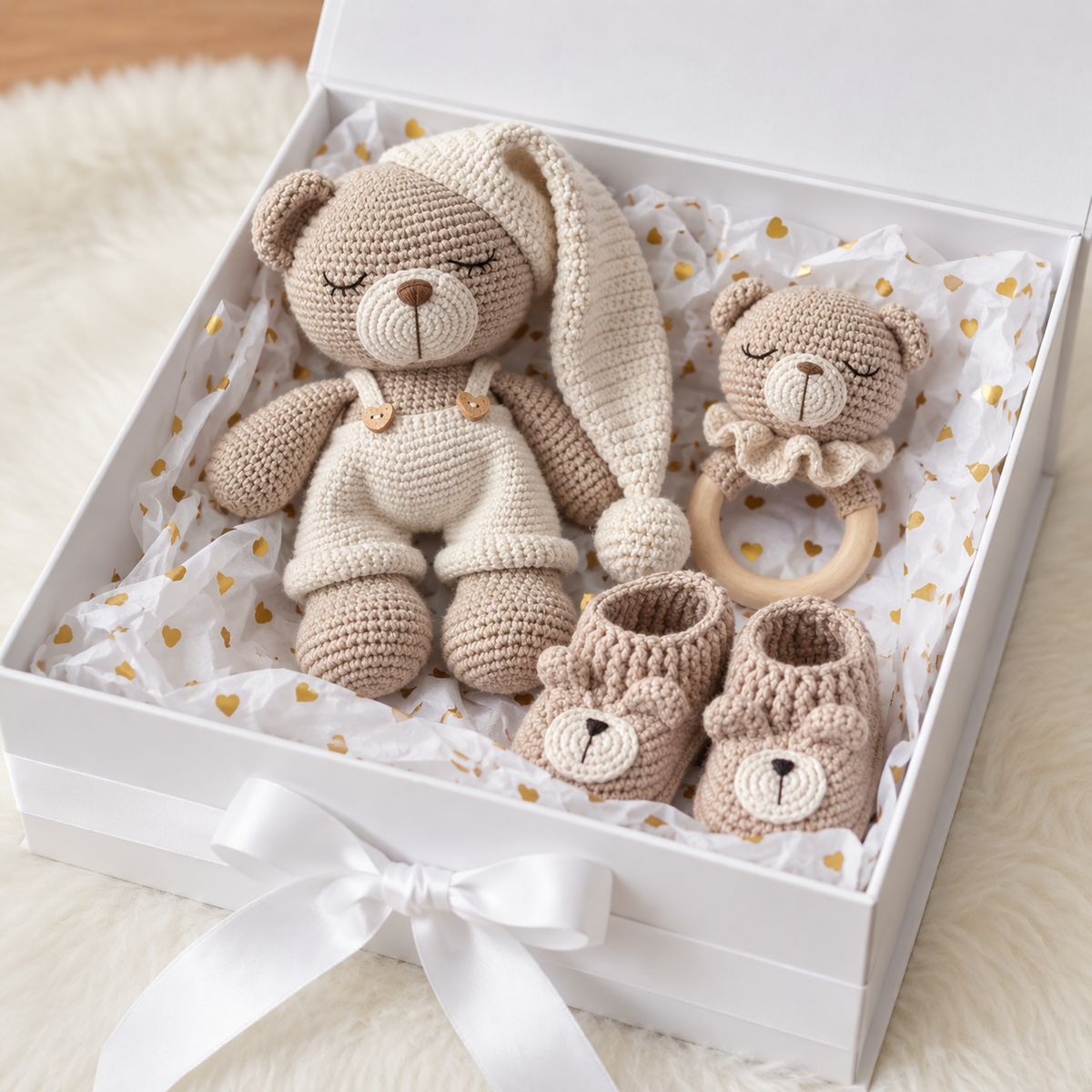 Handmade Crochet Newborn Sleeping Teddy Bear Gift Set (3pc) – Baby Shower Gift