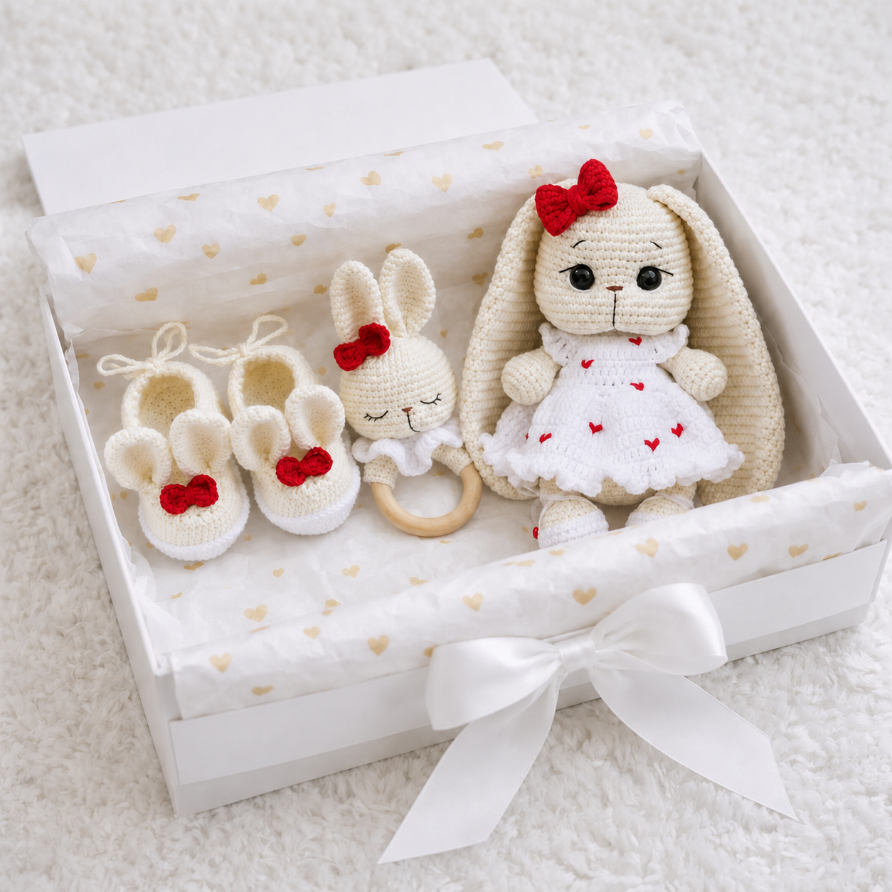Handmade Crochet Long Ear Bunny Toy in White Dress