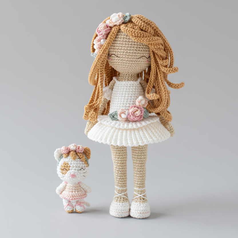 Handmade Crochet Doll with Mini Cat – Floral Amigurumi Girl Set, Unique Gift for Girls